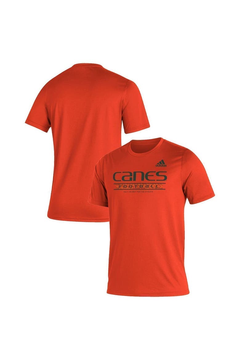 Men's adidas Orange Miami Hurricanes Sideline Football Locker Practice Creator AEROREADY T-Shirt, Main, color, Orange