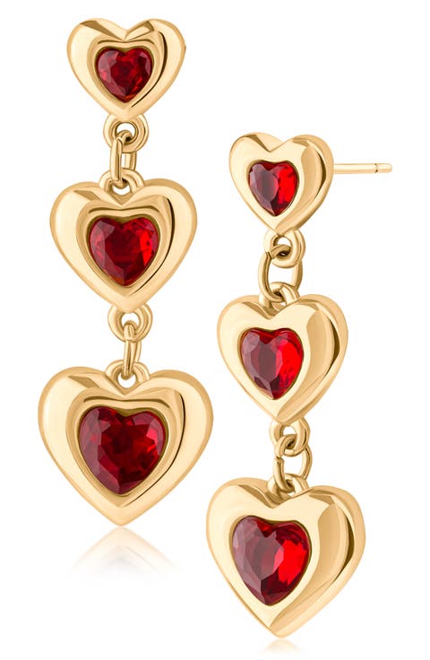 Graduated Triple Crystal Heart Drop Earrings