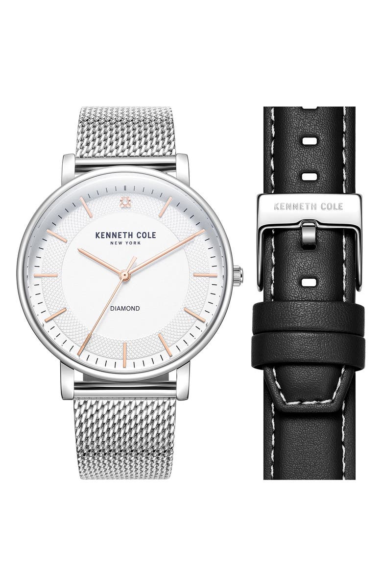 Kenneth Cole Three-Hand Quartz Diamond Dial Watch & Interchangeable Strap Set, 42mm, Main, color, 