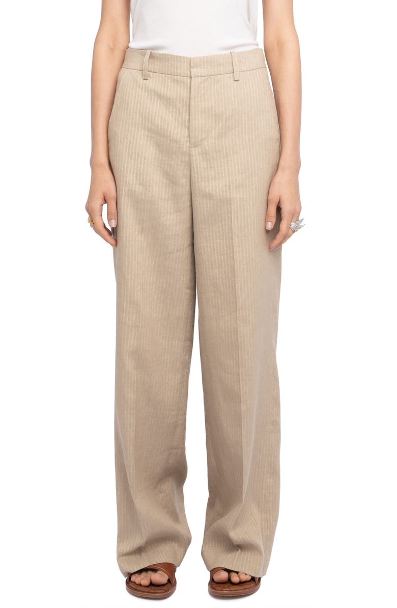 Zadig & Voltaire Pinstripe Linen Blend Wide Leg Pants, Main, color, Cookie