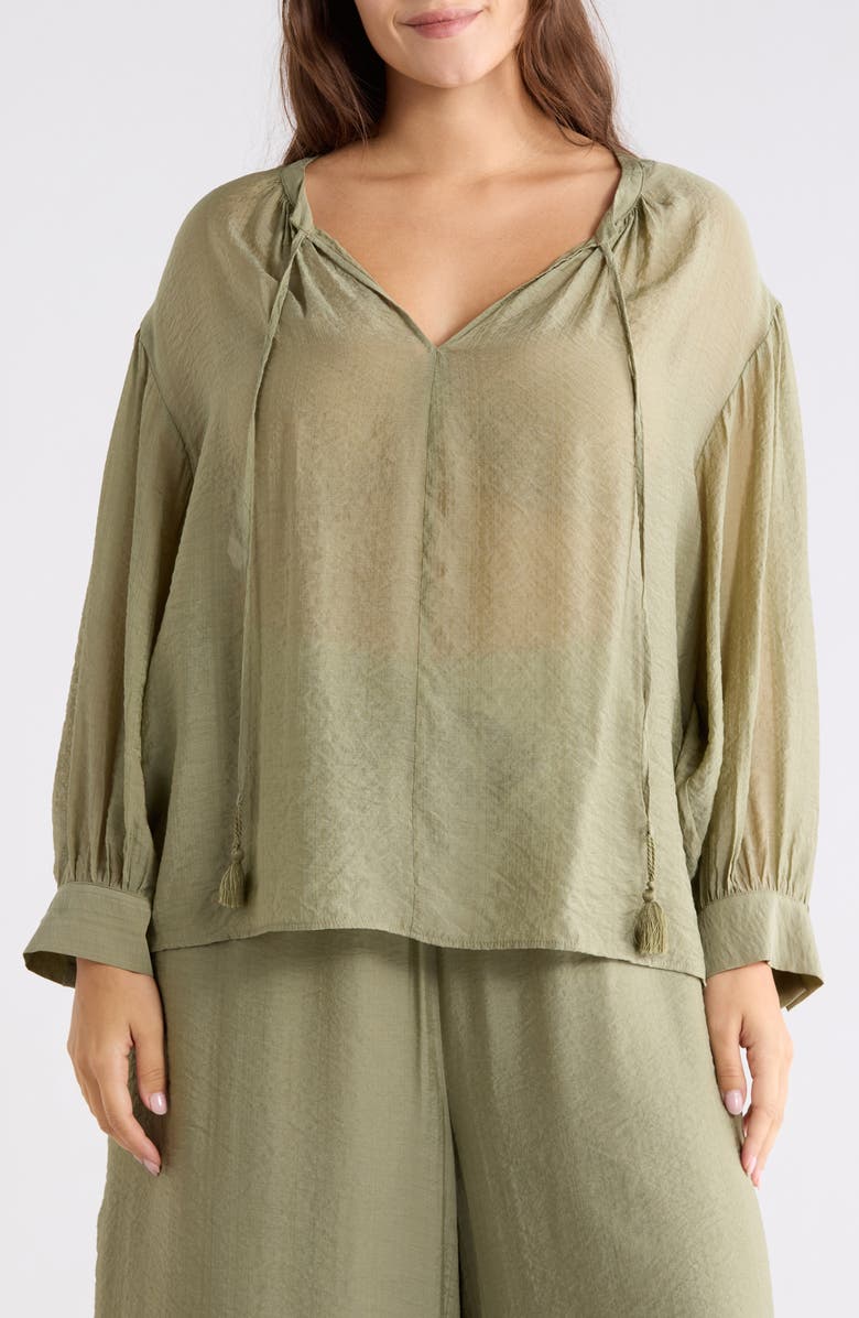 Vince Camuto Split Neck Long Sleeve Top, Main, color, Olive