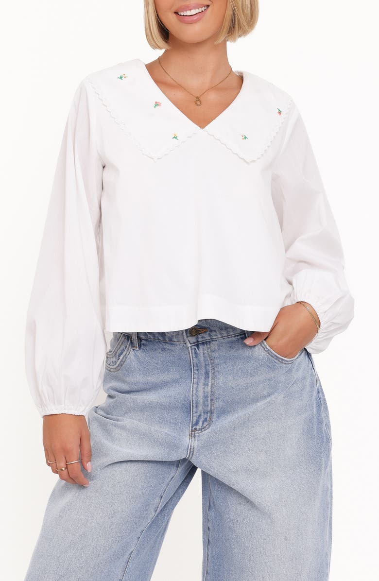 Petal & Pup Kenna Embroidered Collared Cotton Poplin Top, Main, color, White Floral