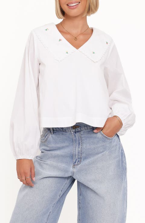 Kenna Embroidered Collared Cotton Poplin Top