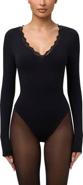 Naked Wardrobe Body Flex Scalloped Long Sleeve Bodysuit