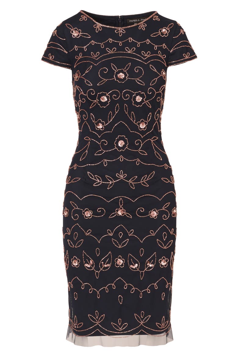 Beaded Sheath Cocktail Dress, Alternate, color, NAVY/ ROSEGOLD