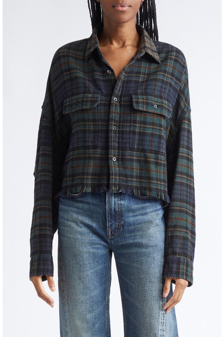 Plaid Crop Button-Up Work Shirt, Main, color, OVERDYED TEAL / NAVY / PLAID