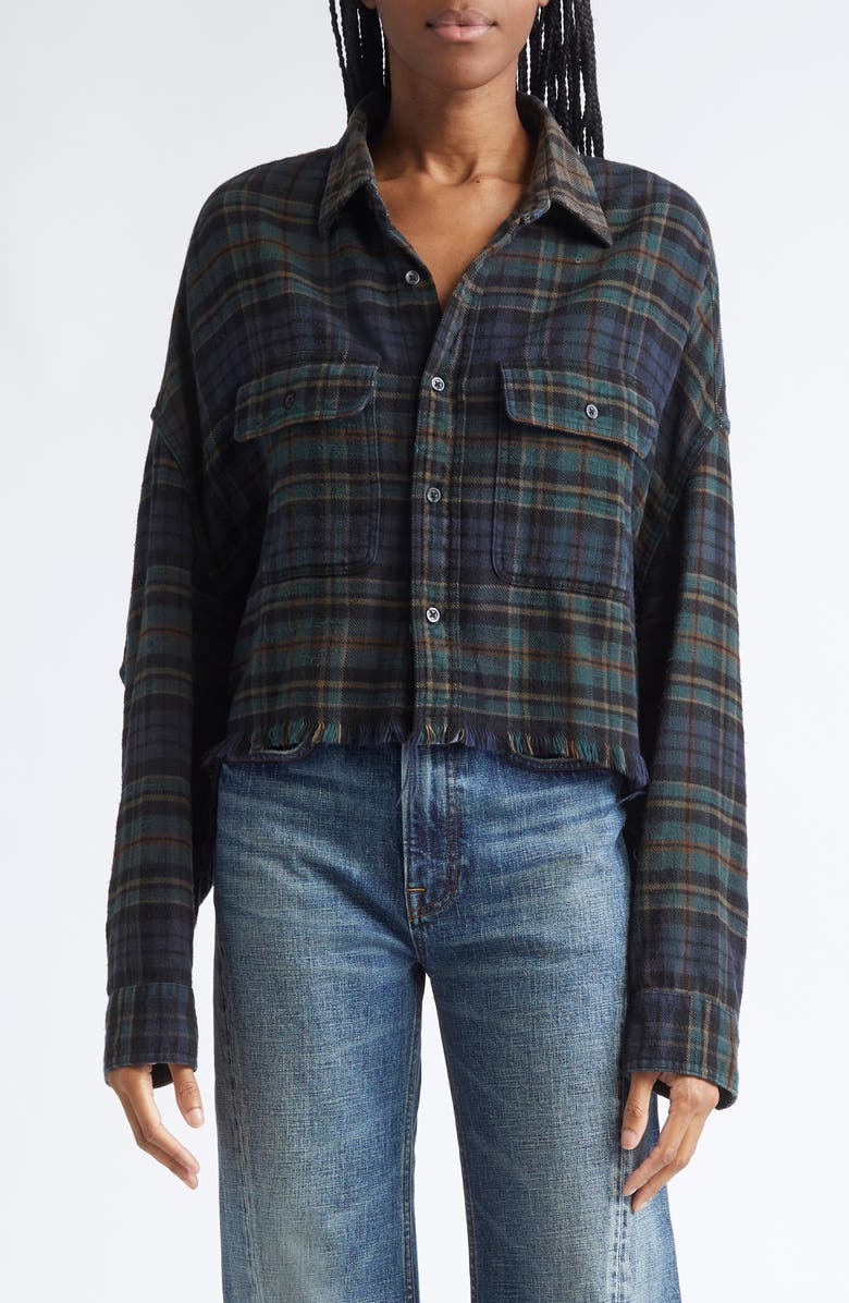 R13 Plaid Crop Button-Up Work Shirt, Main, color, Overdyed Teal / Navy / Plaid