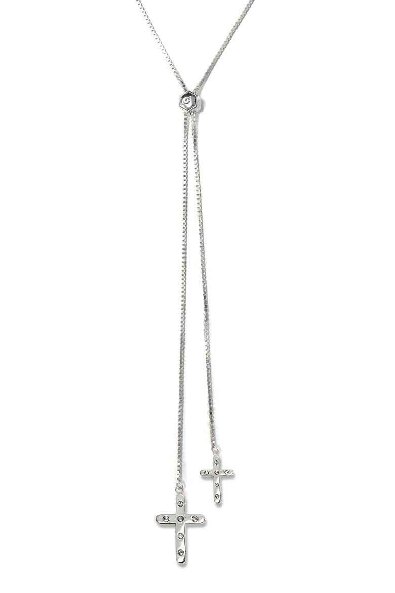 Pavé Cross Lariat Necklace, Main, color, SILVER