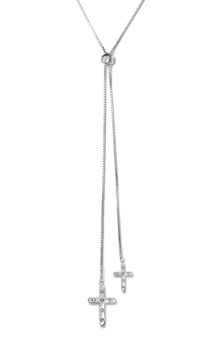 Liza Schwartz Pavé Cross Lariat Necklace, Main, color, Silver