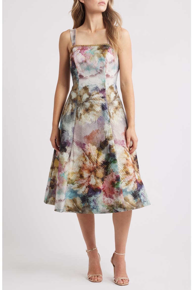 Metallic Abstract Print Jacquard Cocktail Dress, Main, color, PINK GOLD MULTI