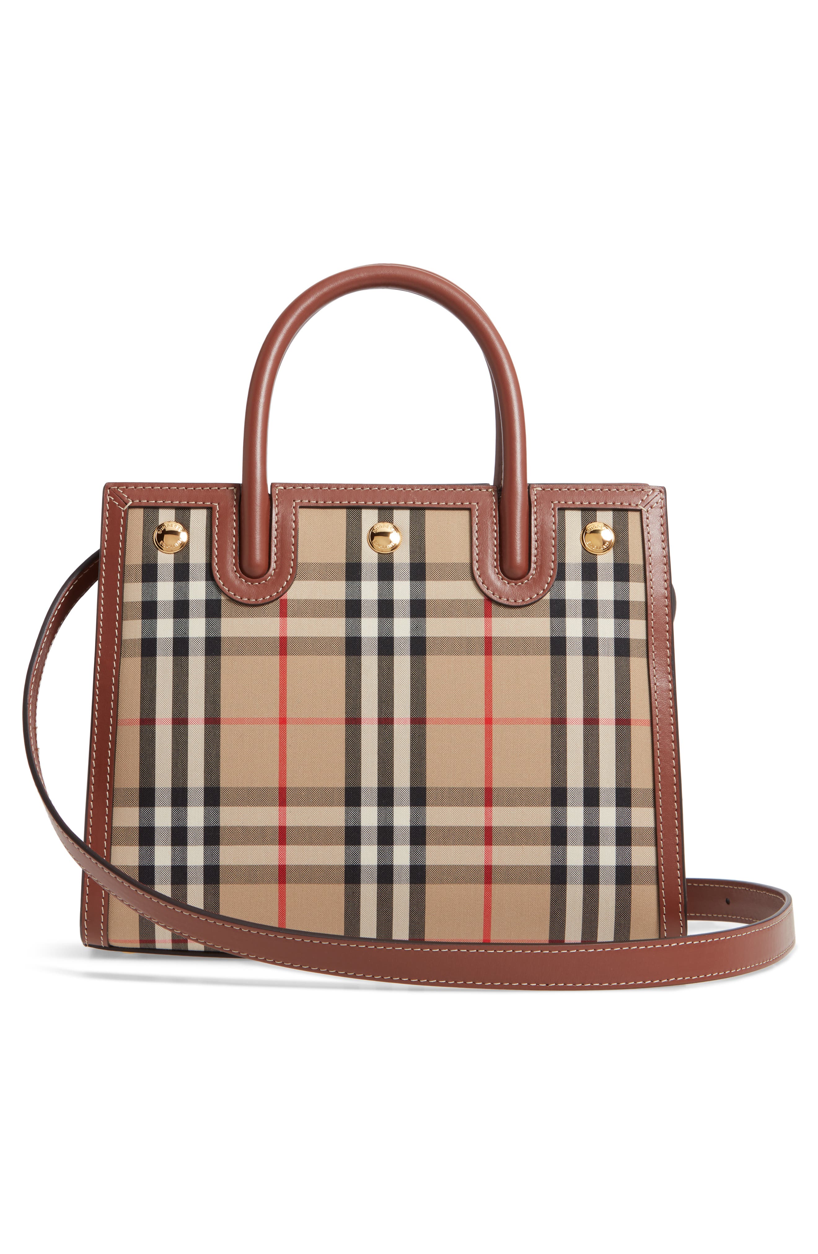Burberry Mini Title Vintage Check Double Handle Leather & Canvas Bag, Alternate, color, 