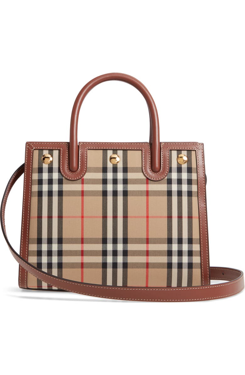 Burberry Mini Title Vintage Check Double Handle Leather & Canvas Bag, Alternate, color,