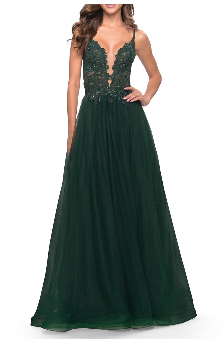 La Femme Tulle A-Line Gown with Lace Rhinestone Bodice, Main, color, Dark Emerald