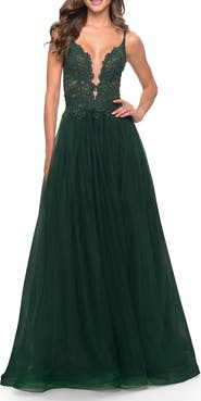 La Femme Tulle A-Line Gown with Lace Rhinestone Bodice