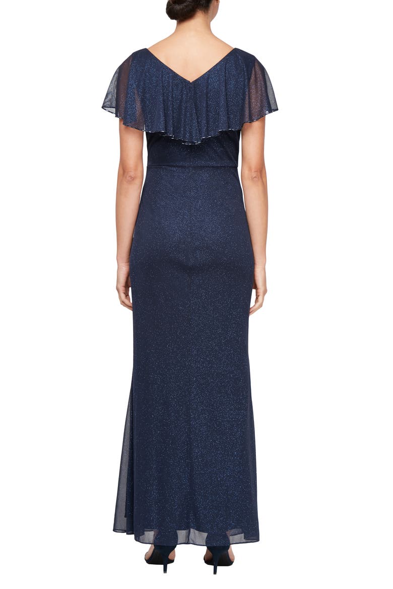Beaded Shimmer Capelet Gown, Alternate, color, NAVY