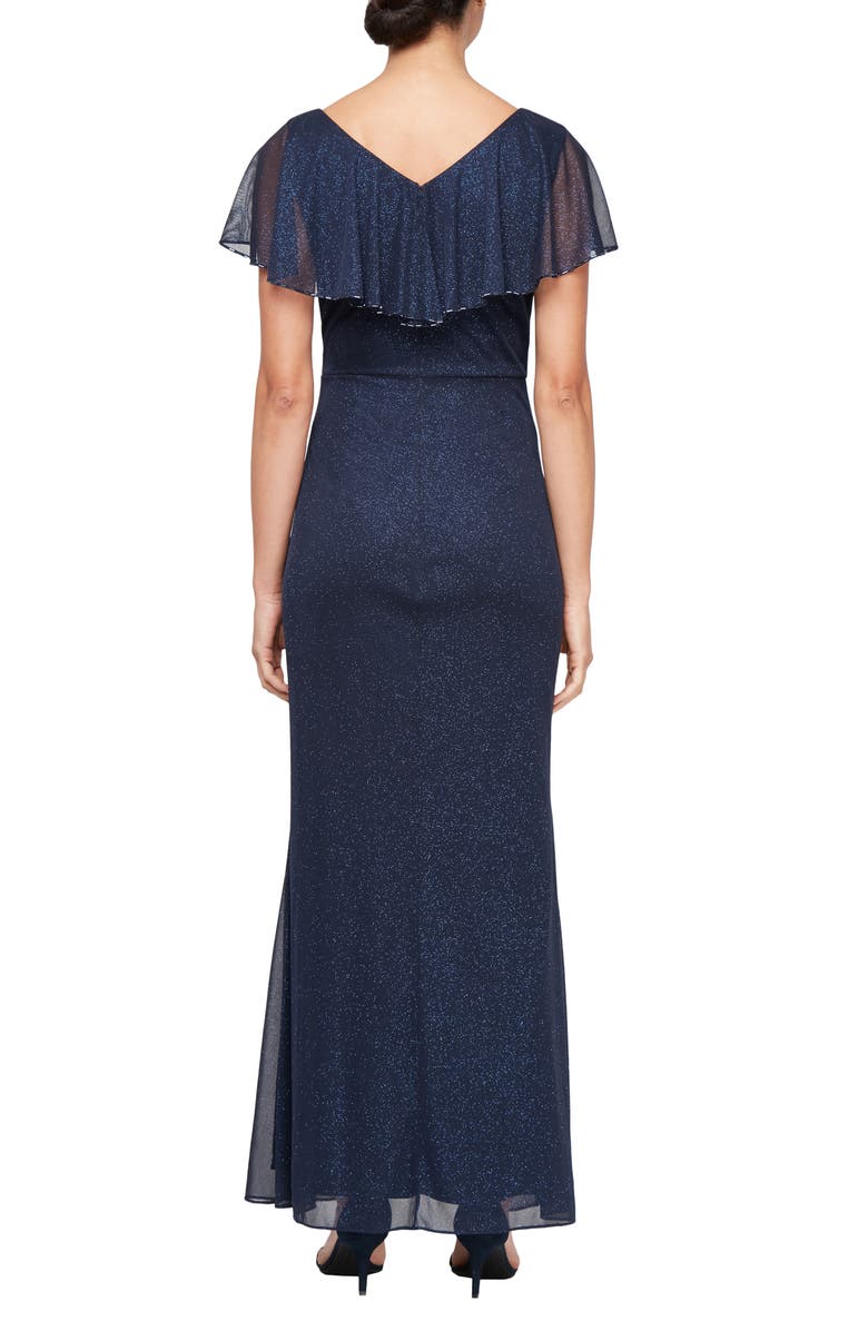 SL FASHIONS Beaded Shimmer Capelet Gown, Alternate, color, Navy