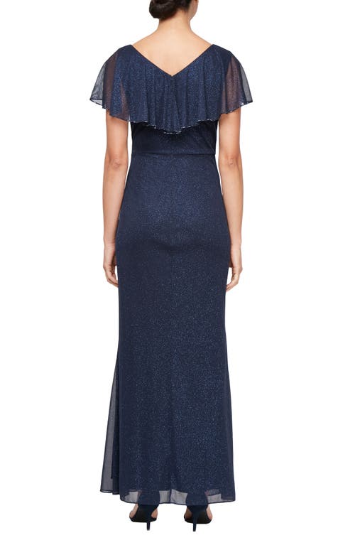 Sl Fashions Beaded Shimmer Capelet Gown In Navy