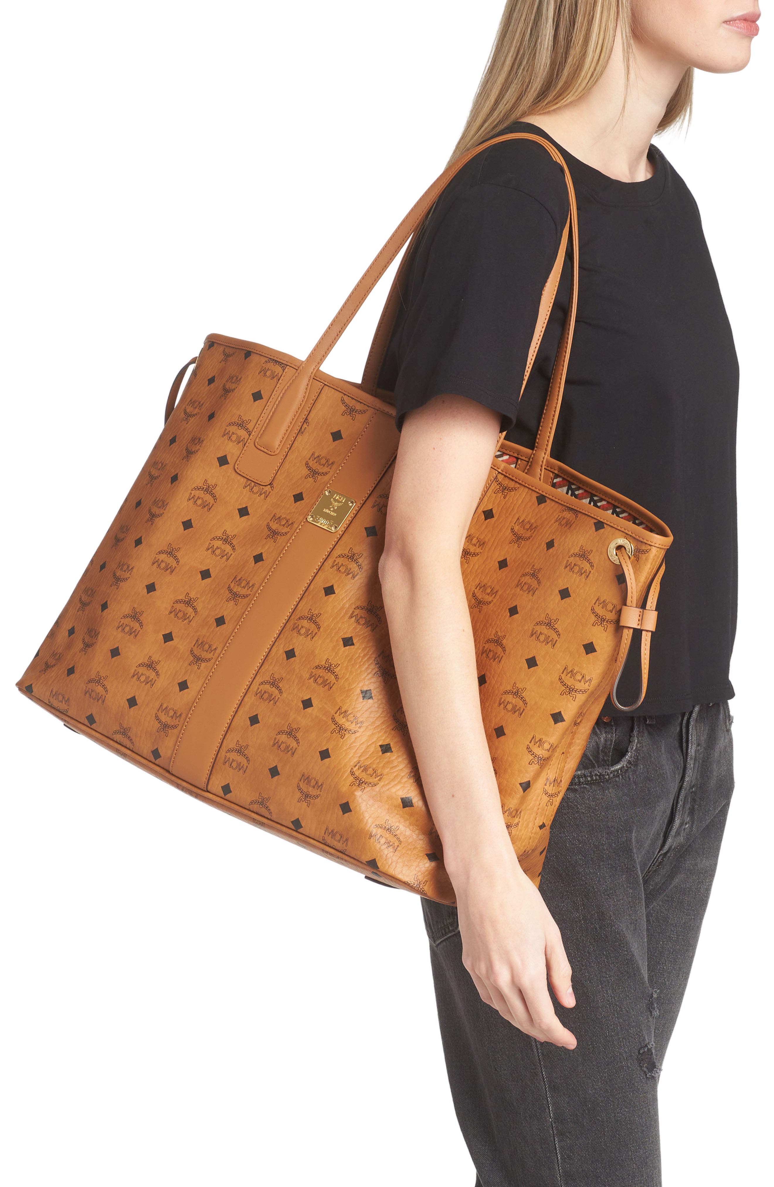 Large Reversible Liz Shopper in Visetos, Alternate, color, COGNAC