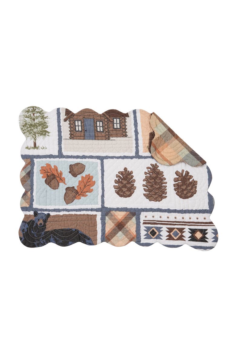Oakley Maple Leaf Acorn Pinecone Black Bear Cabin Pine Trees Scalloped Placemats, Set of 6, 13" x 19", Main, color, Brown