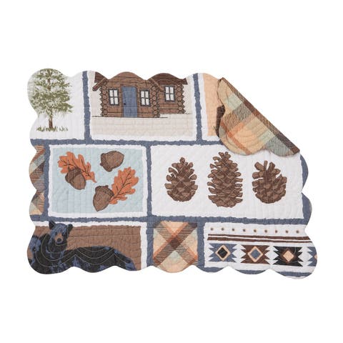 Oakley Maple Leaf Acorn Pinecone Black Bear Cabin Pine Trees Scalloped Placemats, Set of 6, 13" x 19"