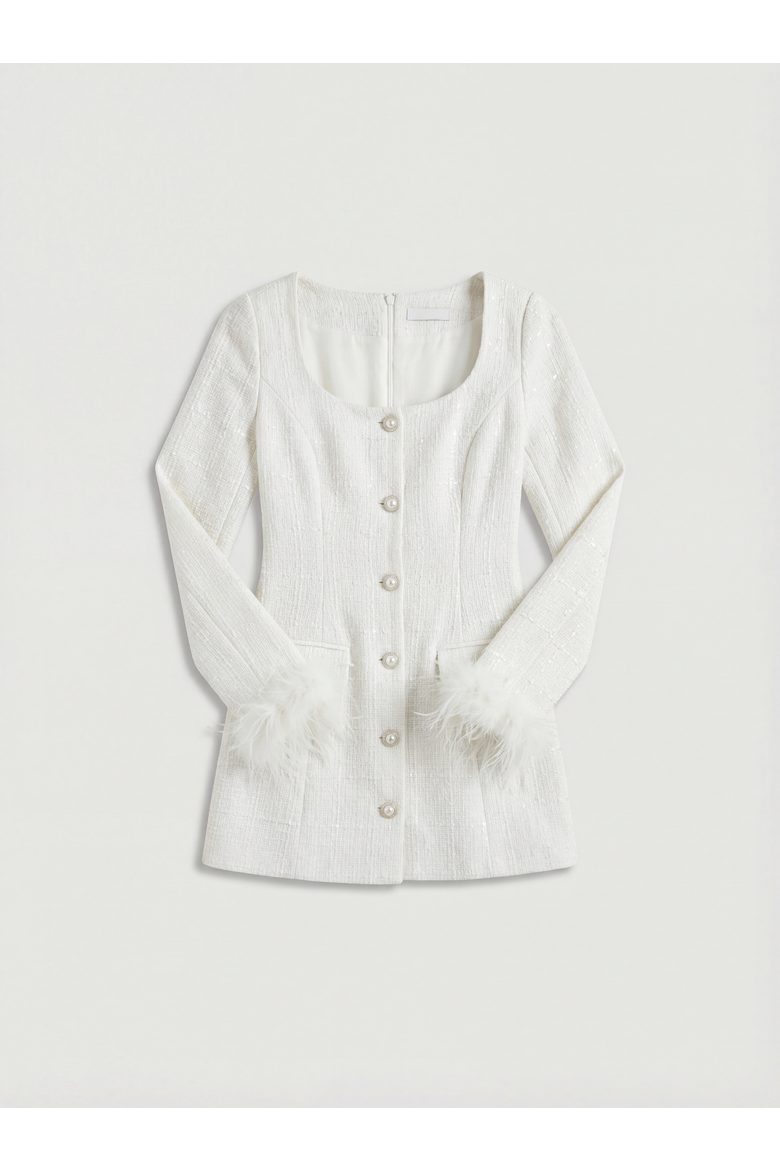 Boucle Feather Trim Mini Dress, Alternate, color, White