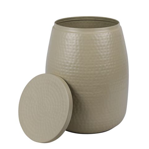 Merida Modern Rustic Hammered Metal Drum Storage Side Table with Lid