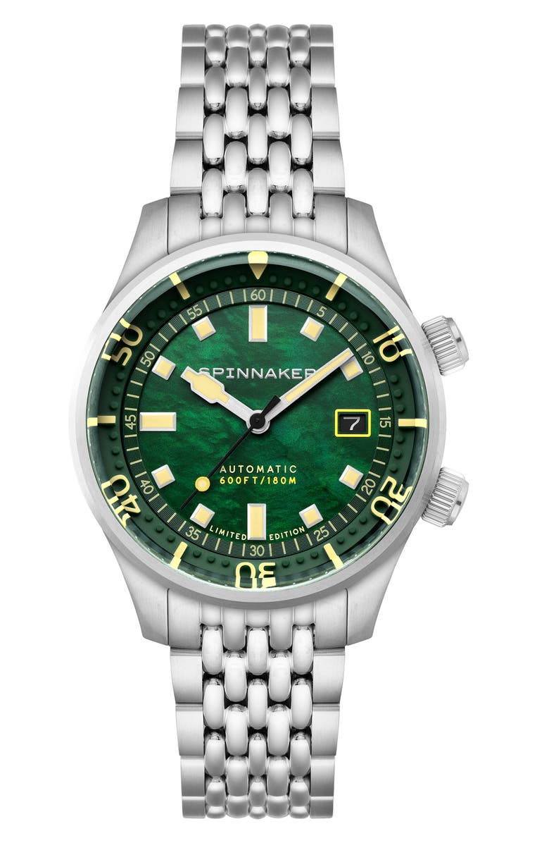 SPINNAKER The Bradner Pearl Diver Emerald Tide Automatic Bracelet Watch, 42mm, Main, color, Green