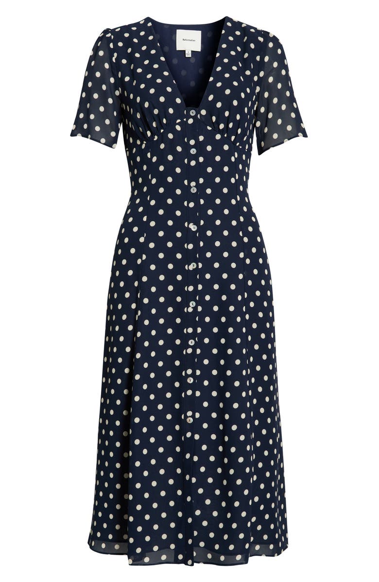 Reformation Lise Polka Dot Chiffon Dress, Main, color, Orion Dot