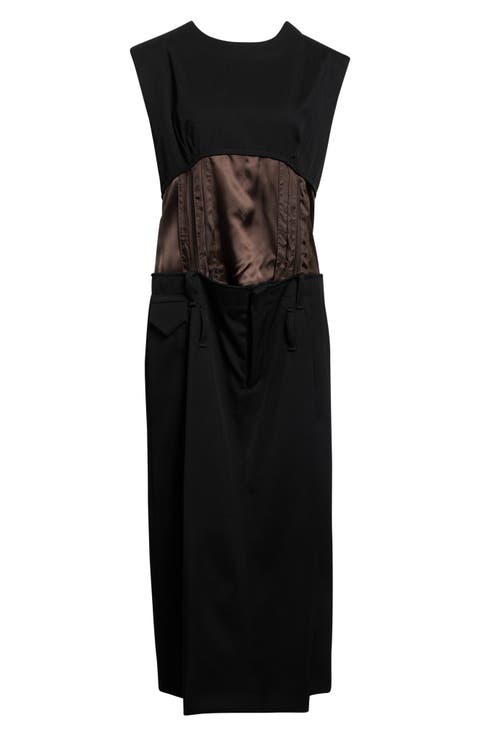 Contrast Satin Waist Wool Twill Dress