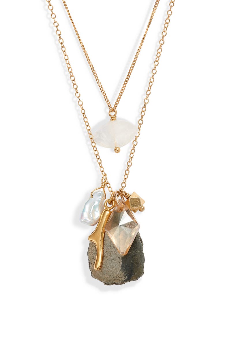 Double Layer Pyrite & Cultured Pearl Pendant Necklace, Main, color, PYRITE