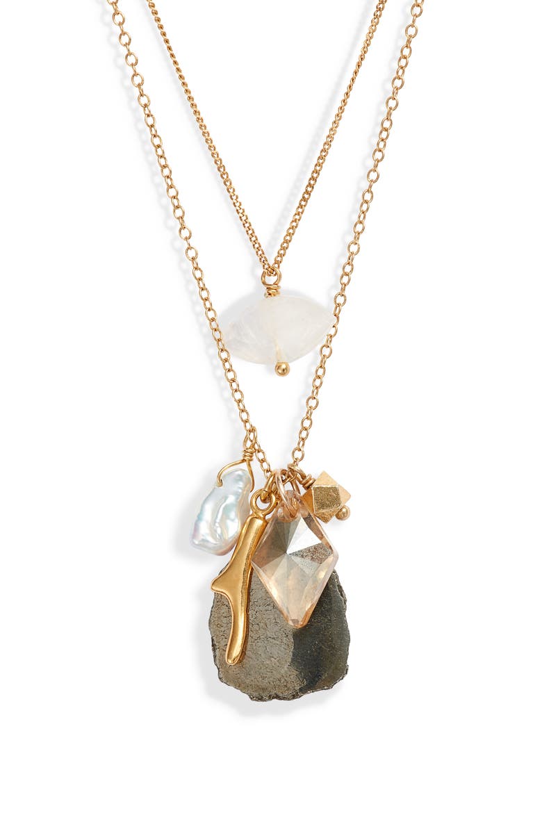 Chan Luu Double Layer Pyrite & Cultured Pearl Pendant Necklace, Main, color, 