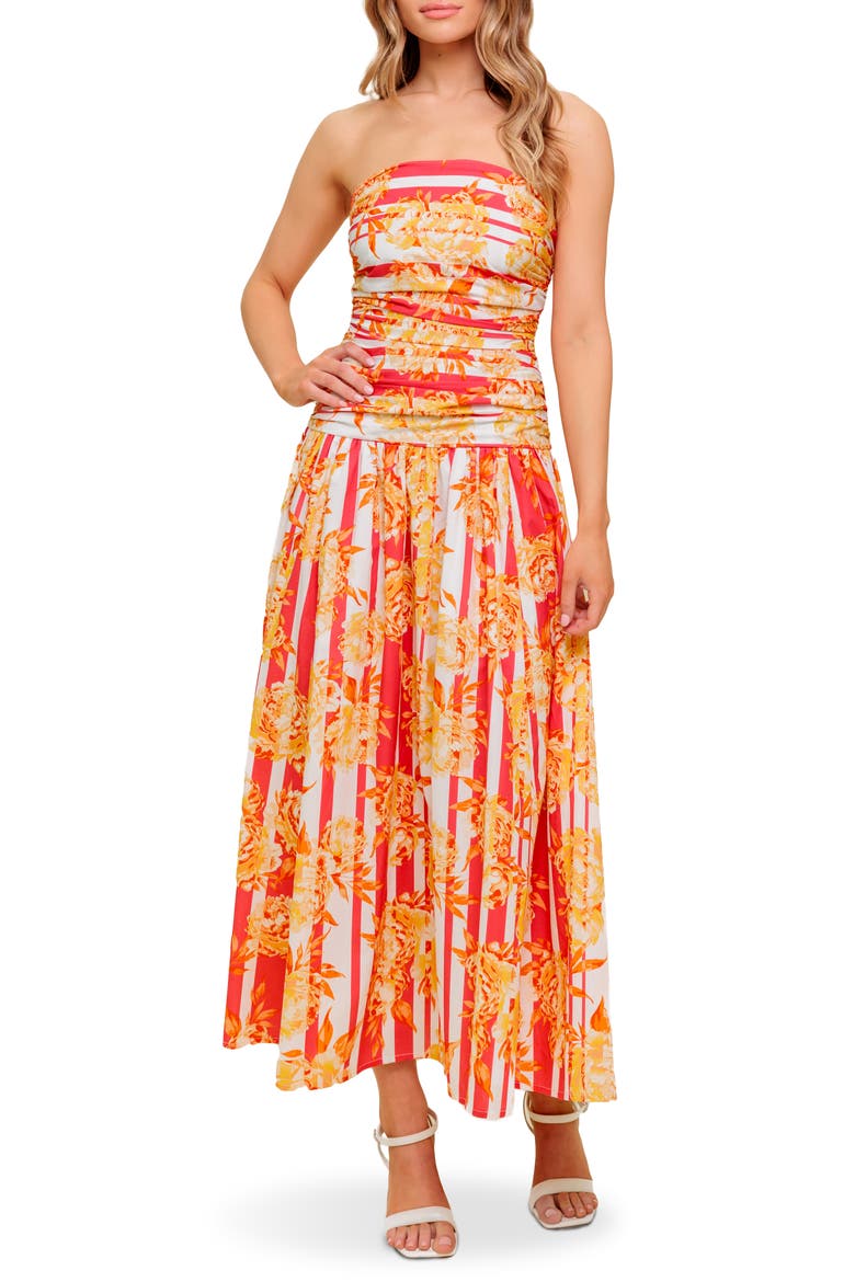 Floral Strapless Ruched Cotton Midi Dress, Main, color, STRAWBERRY