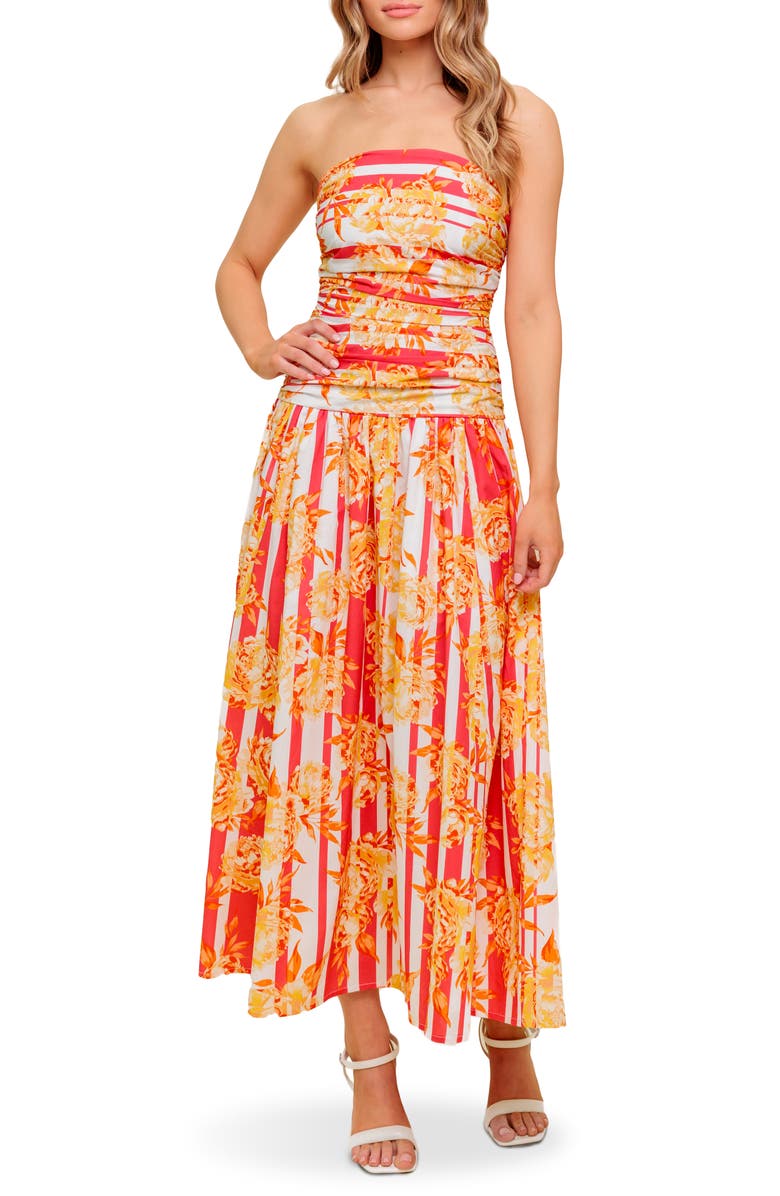 FLYING TOMATO Floral Strapless Ruched Cotton Midi Dress, Main, color, Strawberry