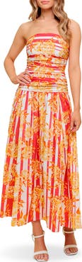 FLYING TOMATO Floral Strapless Ruched Cotton Midi Dress