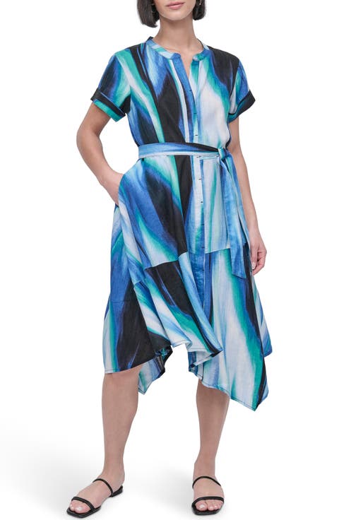 Print Tie Waist Linen Midi Dress