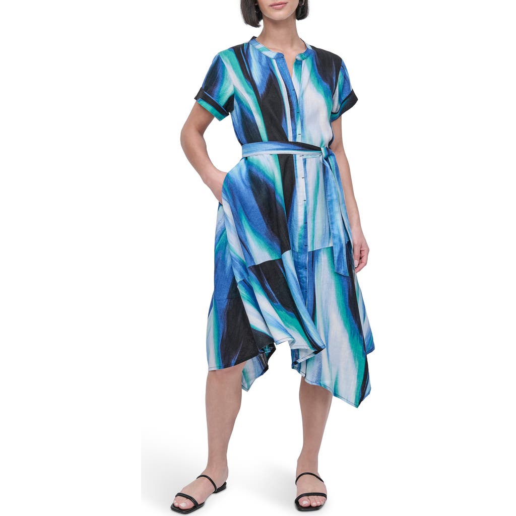 Dkny Print Tie Waist Linen Midi Dress In Blue