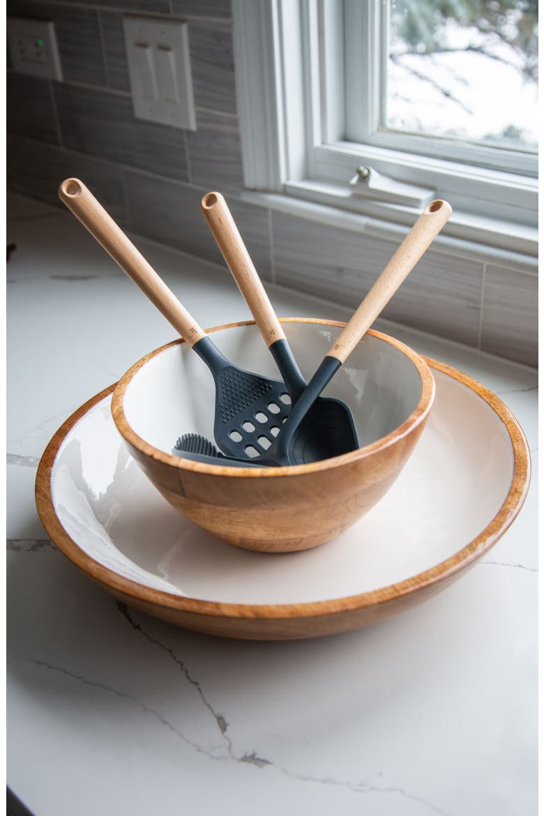 Wood + White Collection Mango Wood Serving Bowl, Medium, Alternate, color, White, Brown