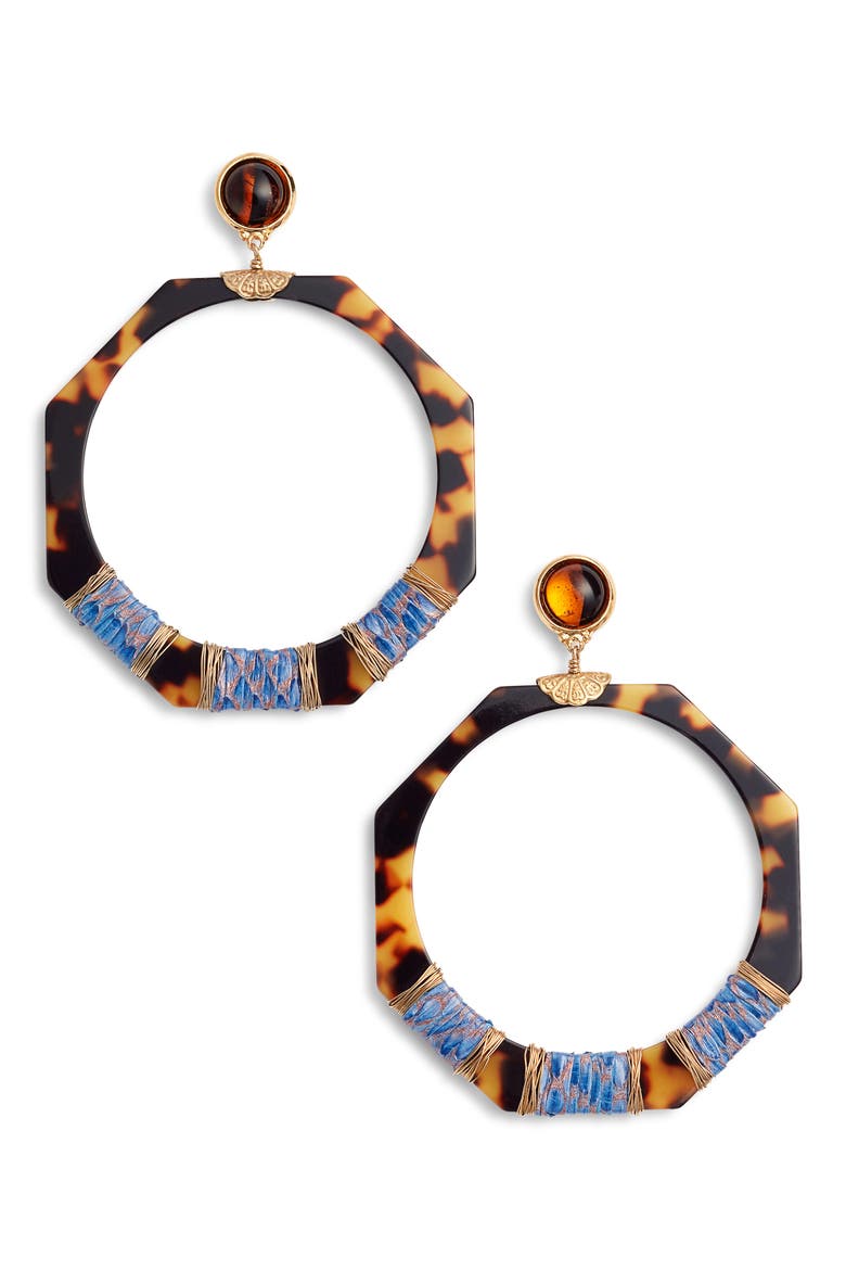 Genuine Snakeskin Wrapped Hoop Earrings, Main, color, BLUE/ TIGE