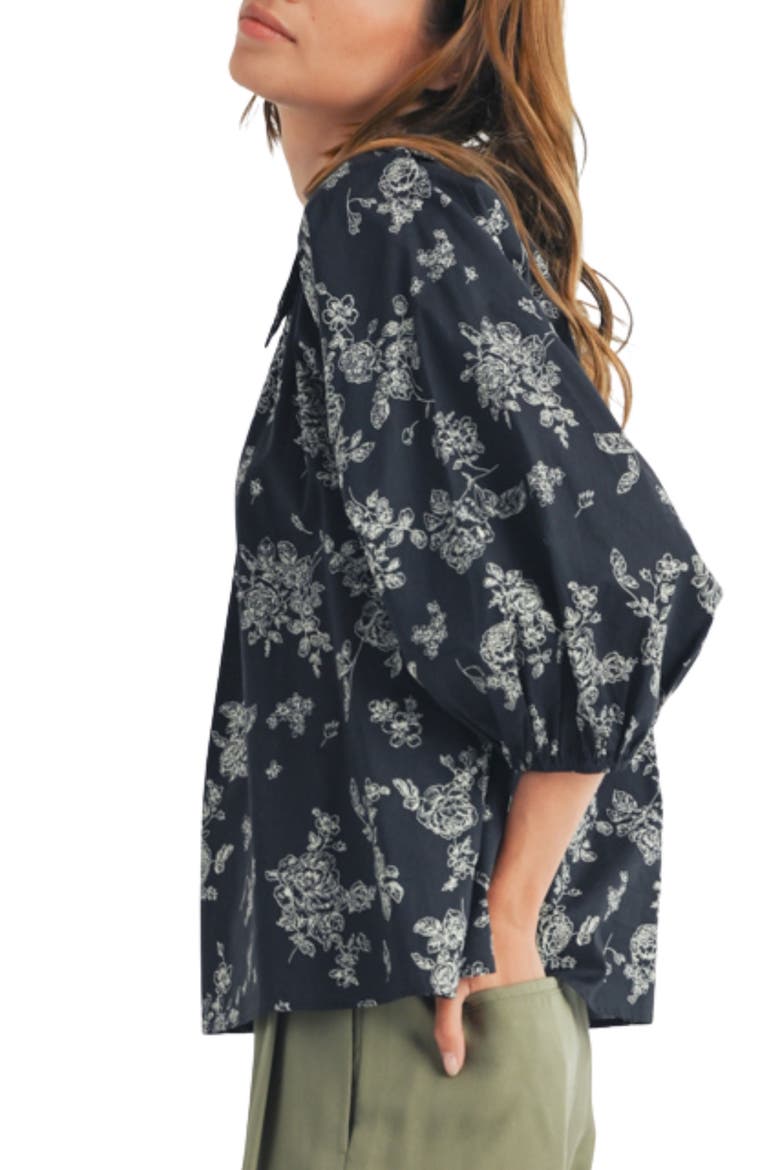Floral Three-Quarter Sleeve Cotton Top, Alternate, color, BLACK IVORY