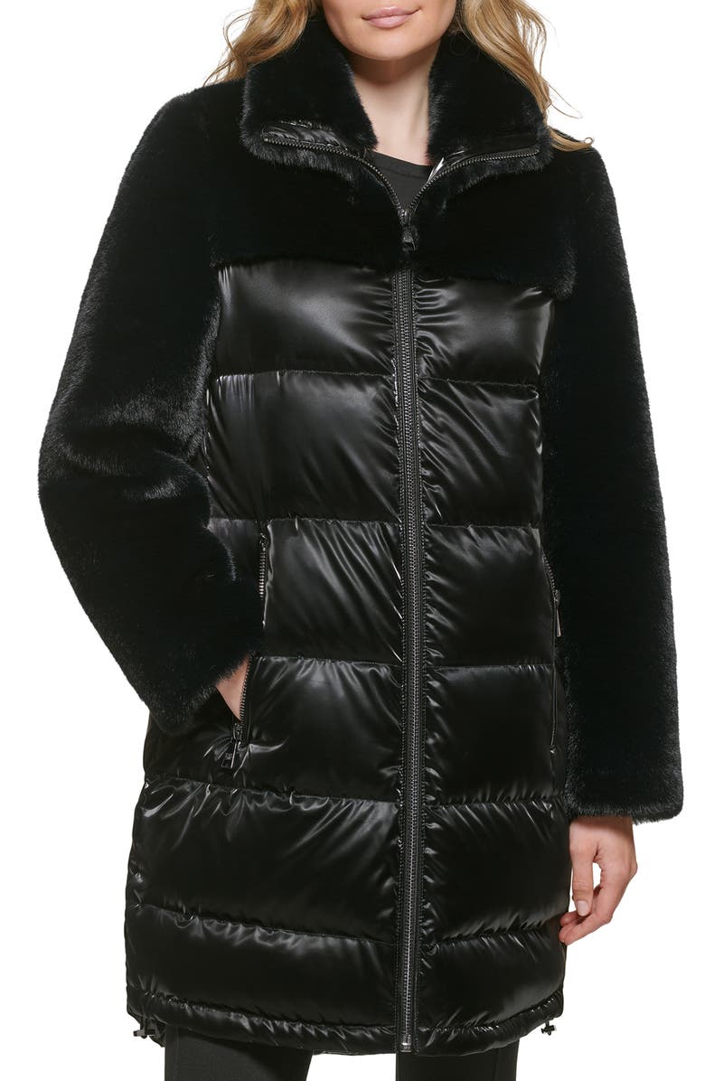 KARL LAGERFELD PARIS Lacquer Water Resistant Faux Fur Trim Puffer Jacket, Main, color, Black