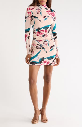 Diane von Furstenberg Lucy Floral Print Mock Neck Dress in Dancing Rose Bare at Nordstrom Rack, Size Large