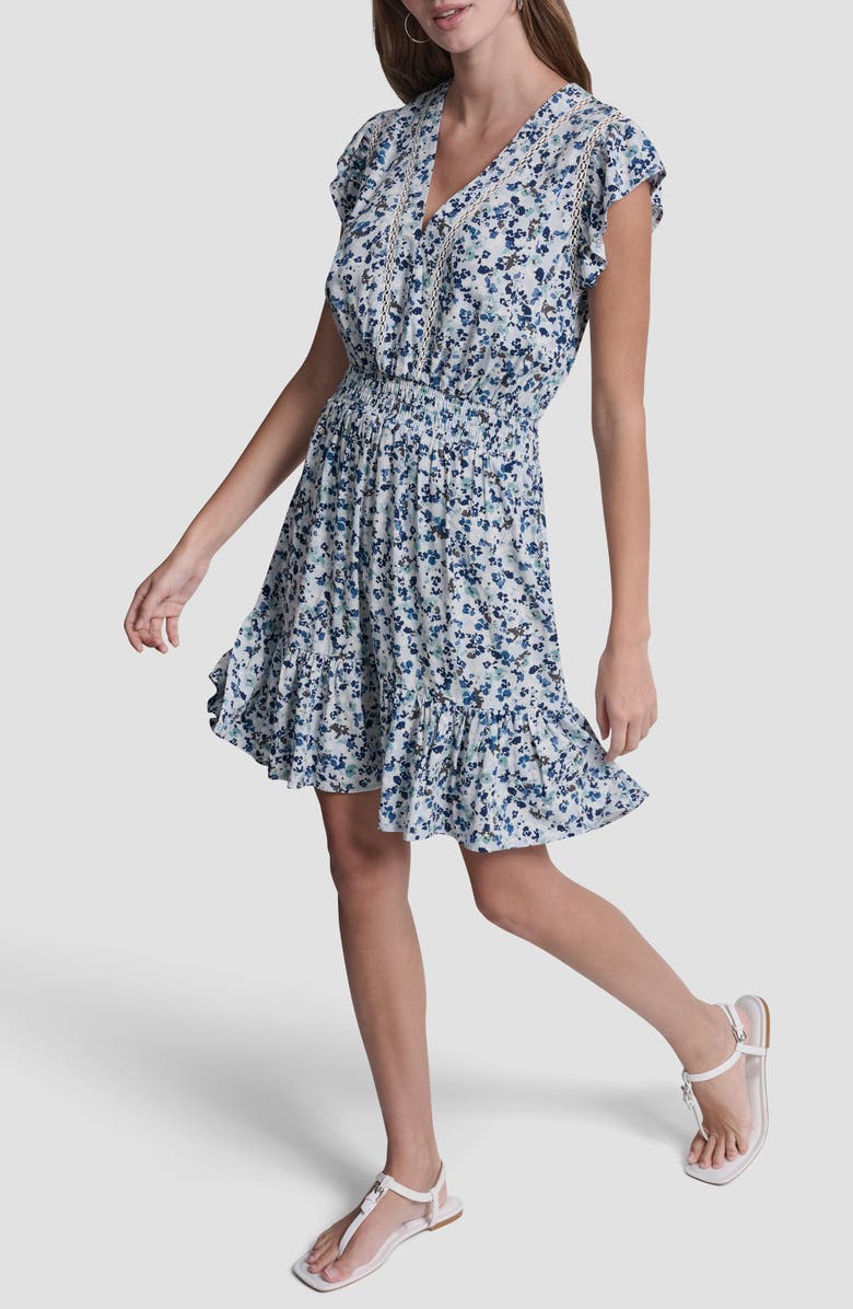 DKNY Jeans Floral Smocked Waist Minidress, Alternate, color, Blue