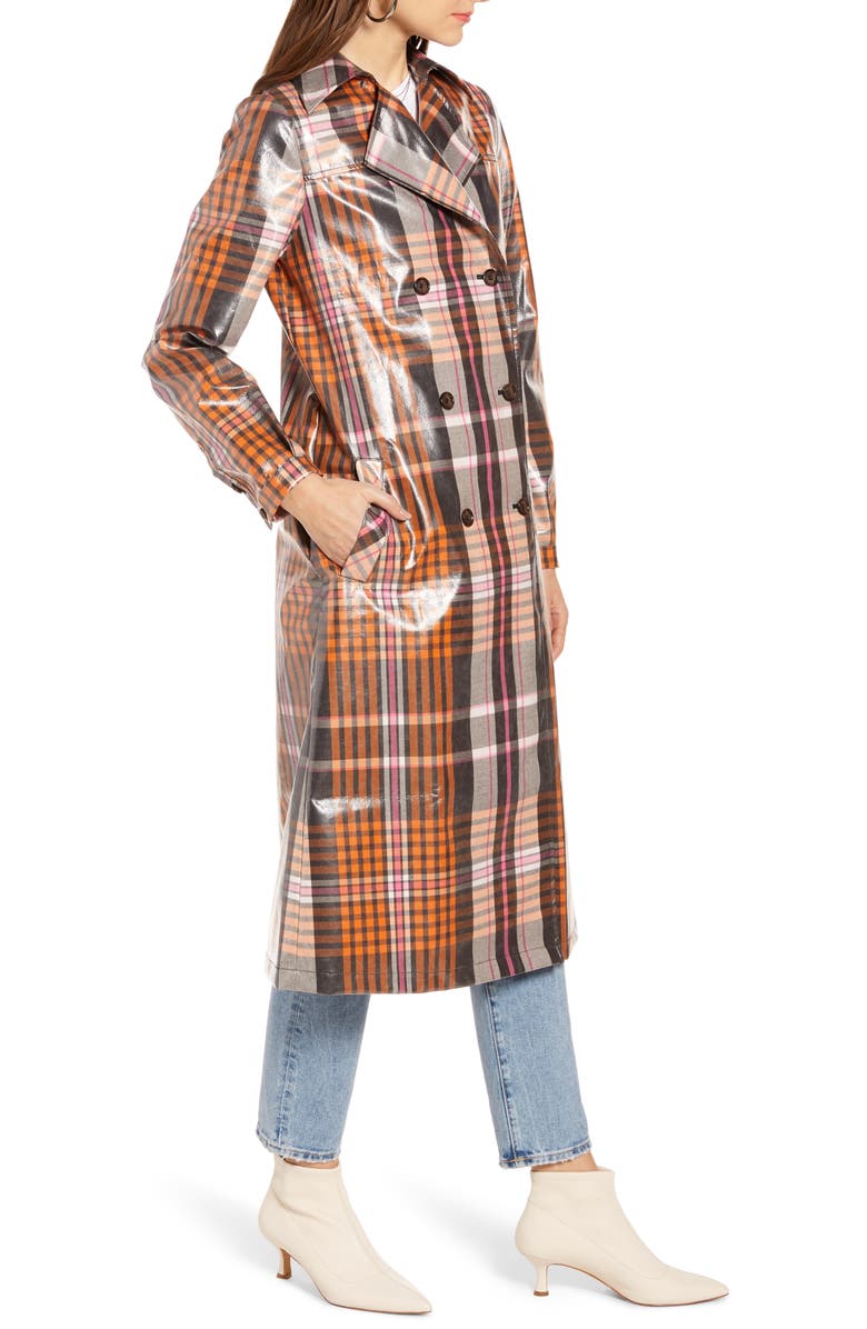Something Navy Water Resistant Plaid Glossy Trench Coat, Alternate, color,
