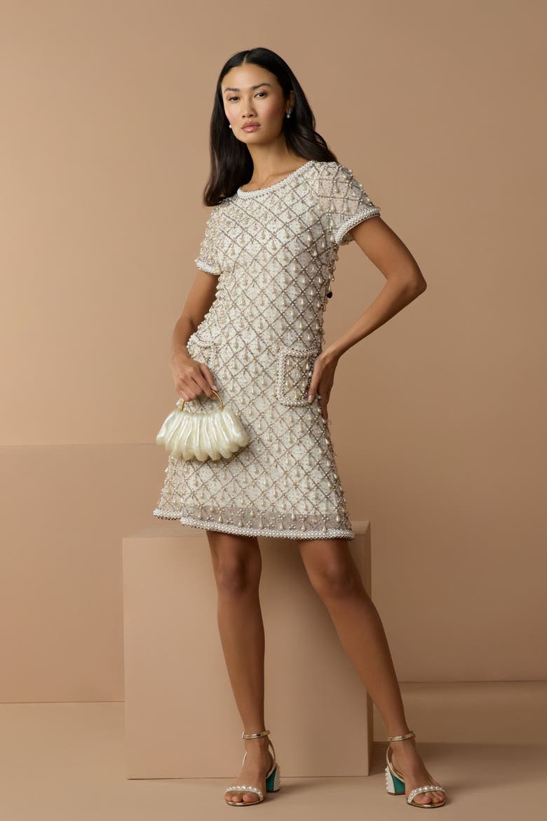 Short Sleeve Embellished Crepe Midi Dress, Alternate, color, Oyster
