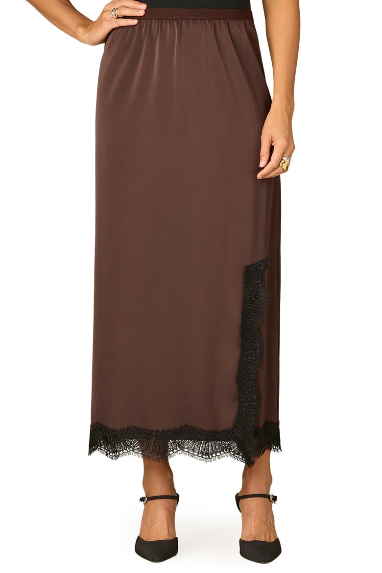 Banded Waist Lace Hem Midi Skirt, Main, color, BROWN