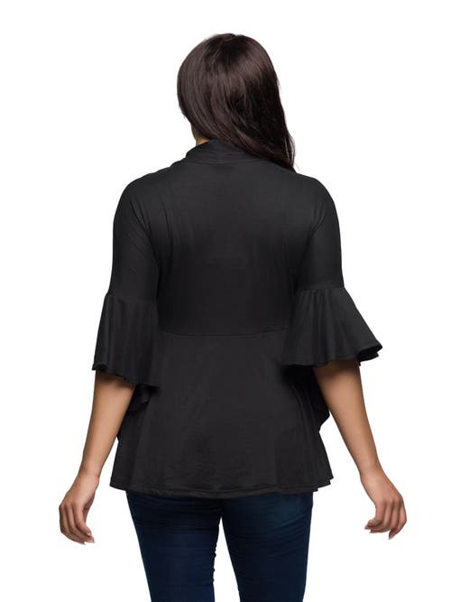 24seven Comfort Apparel Tie Front Bell Sleeve Cardigan In Black