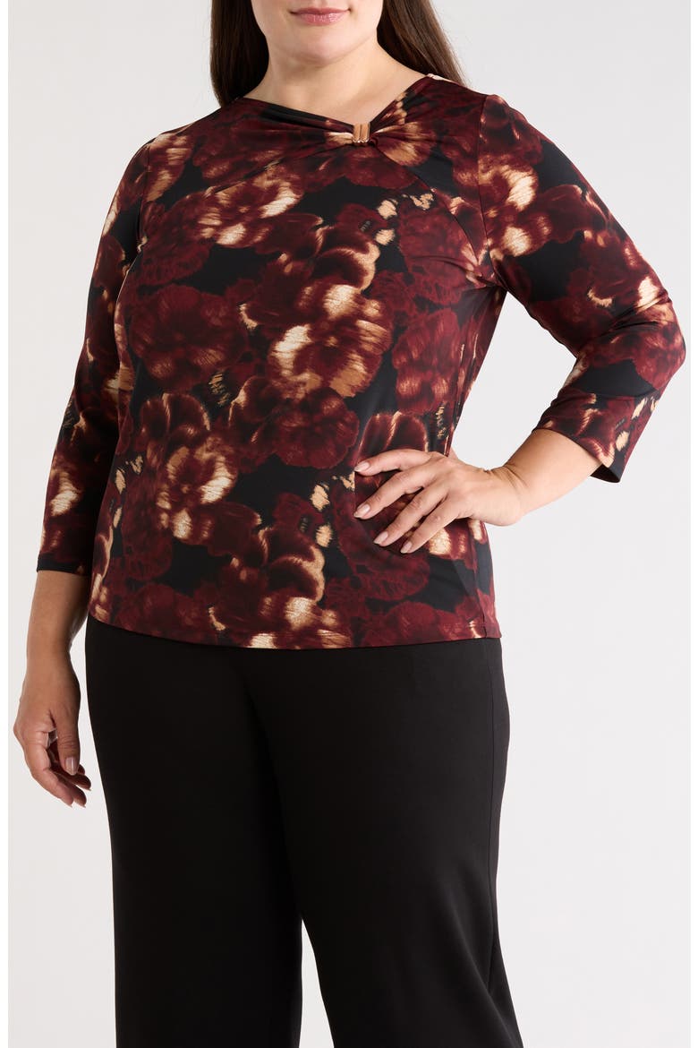 Twist Neck Three-Quarter Sleeve Top, Main, color, ANNE BLACK MULTI