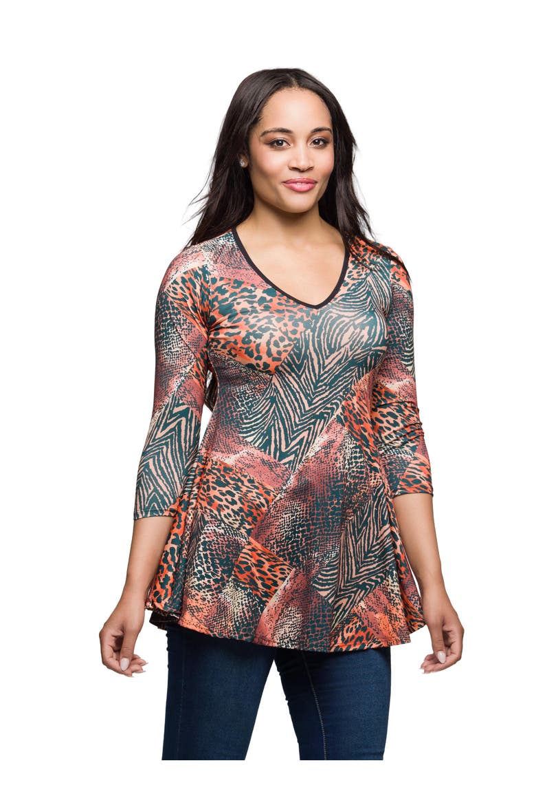 Animal Print V-neck Three Quarter Sleeve Tunic Top, Alternate, color, Brown Multi