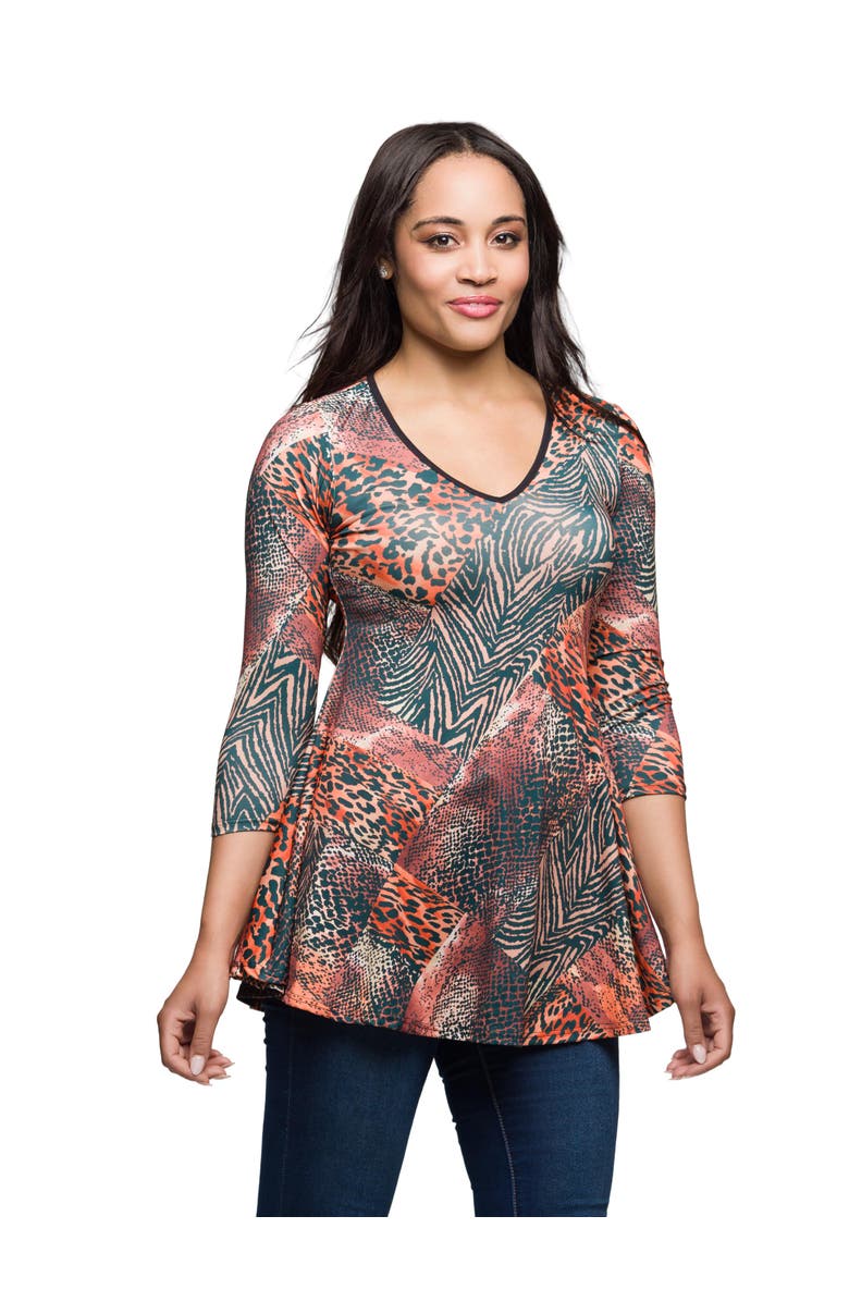 24seven Comfort Apparel Animal Print V-neck Three Quarter Sleeve Tunic Top, Alternate, color, Brown Multi