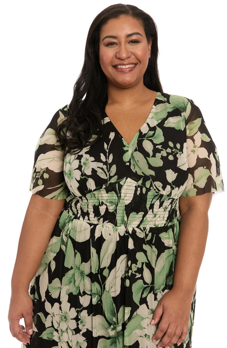 London Times Mesh Flutter Sleeve Maxi Dress, Alternate, color, Black/ Green